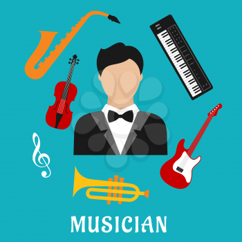 Musician profession concept with flat icons of man in tailcoat, surrounded by electric guitar, trumpet, violin, saxophone, treble clef and synthesizer musical instruments
