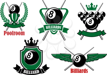 Pool, snooker and billiards game icons with black balls, crossed cues, triangle rack, trophy, crowns and wings, decorated by heraldic shield, wreath and ribbon banners