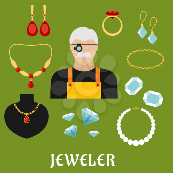 Jeweler profession concept with moustached man in magnifying glasses, surrounded by elegant gold ring, earrings, chains, pendant, bracelets and necklaces with diamonds, rubies and pearls. Flat style