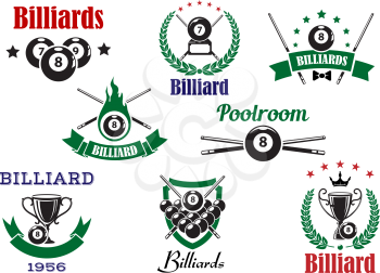 Billiards sports icons with billiard balls, cues and trophy cups, decorated by flame, stars, crown, heraldic shield, laurel wreaths and ribbon banners