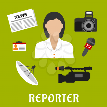 Reporter profession flat icons and symbols with young woman, newspaper, microphone, photo and video cameras, satellite dish antenna and name tag badge
