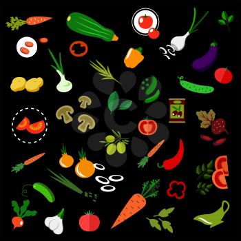 Flat icons of fresh vegetables with tomatoes, carrots, cucumbers, onions, potatoes, chili and bell peppers, green peas, fresh and pickled olives, zucchini, radish, garlic, beet, spicy herbs and sauce 