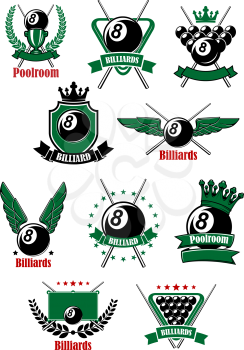 Billiards game icons with sport items as black balls, wings and crowns, cues, table, triangle racks and trophy cup, decorated by stars, heraldic shield, laurel wreaths and ribbon banners