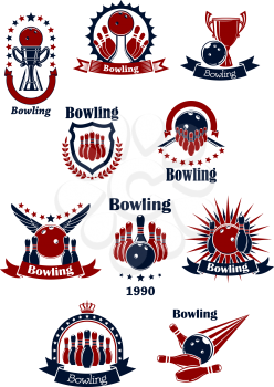 Bowling game retro icons with balls, ninepins, lanes and strike, decorated by stars, crowns, wings, rays, wreath, shield and ribbon banners 