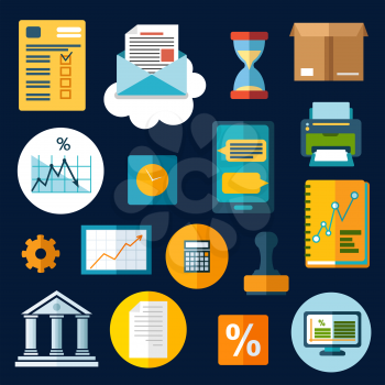 Business, financial and office flat icons with computer, report, financial graphs, charts and smartphone, letter and delivery box, bank, rubber stamp and calculator, wall clock and hourglass, printer,