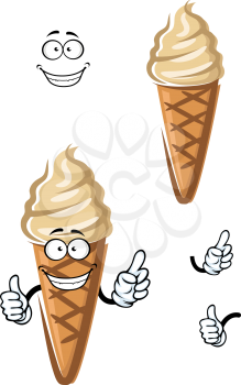 Smiling ice cream cone cartoon character with caramel flavor and sugar waffle for dessert menu design