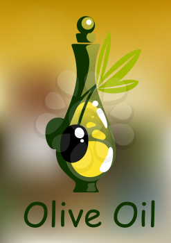 Olive oil bottle with rounded stopper and ripe black olive fruits on green leafy twig, for healthy vegetarian food design