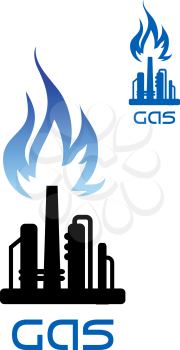 Oil refinery plant icon with blue flame of natural gas over black silhouette of pipeline and flare stack, for heavy industry theme design 