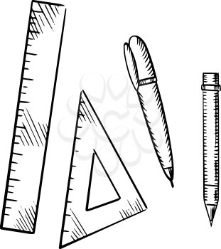 Pencil, ballpoint pen, triangle and ruler icons isolated on white background, sketch style