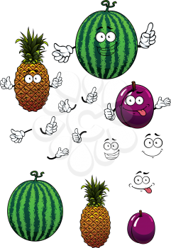 Juicy fresh cartoon watermelon, pineapple and plum fruits characters with funny smiling faces isolated on white