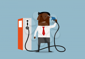African american businessman holding gas pump nozzle near his head to show his disagree with too high gas prices. Cartoon flat