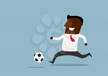 Joyful african american businessman in white shirt and red necktie playing football with ball, healthy lifestyle design. Cartoon flat style