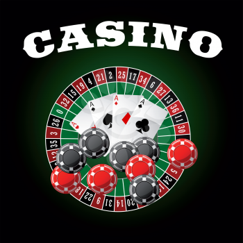 Casino icon with four poker aces and gambling chips with roulette wheel pattern on the background