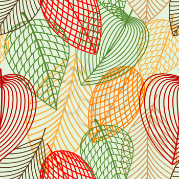 Outline autumnal leaves seamless pattern with red, green, orange and brown leaves for nature or wallpaper themes