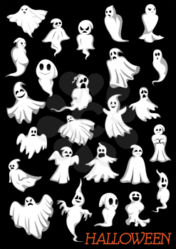 Big set of Halloween flying ghosts on dark background for holiday party theme design