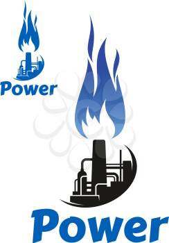 Industrial symbol or icon with oil refinery factory, storage tank, tower, chimney and high blue flame. Isolated on white background, with caption Power