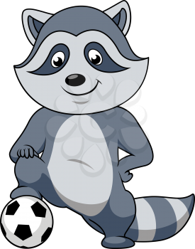 Playful smiling cartoon raccoon football player character stands with paw on the soccer ball. For sporting club or team mascot design