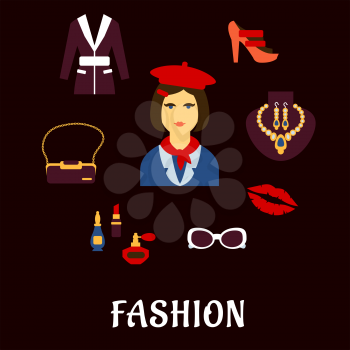 Fashion flat icons with elegant woman in red beret and neckerchief with high heeled shoes, jacket, bag with chain handle, jewelry earrings and necklace, glasses, perfumes and cosmetics