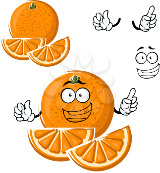 Juicy healthful orange fruit cartoon character with slices and funny face, for agriculture or food themes design