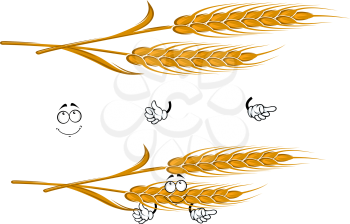 Cartoon ears of ripe yellow wheat character with pensive smiling face, for agriculture, harvest or bakery themes