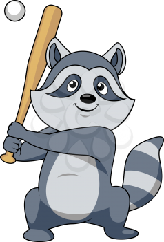 Smiling gray cartoon raccoon baseball player character standing with bat ready to hit a pitch ball, for sporting team or club mascot design