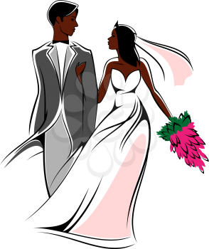 Happy young african couple in elegant clothes blowing in the breeze with the bride holding a pink bouquet