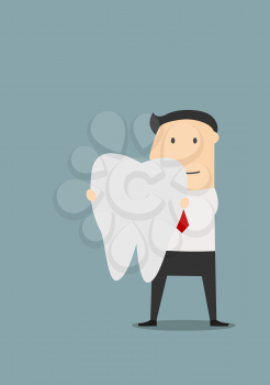 Businessman holding a large white tooth in front of him, for healthcare or dentistry theme, colored cartoon image