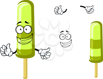 Happy green cartoon frozen popsicle ice cream on a stick with waving arms and a smiling face. For dessert menu design
