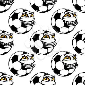 Seamless pattern of a cartoon soccer ball with a big toothy grin and happy face in a repeat motif in square format, for sports theme design