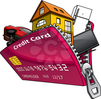 House, car and home appliance inside open red bank credit card with zipper, for consumer credit or home finance concept design