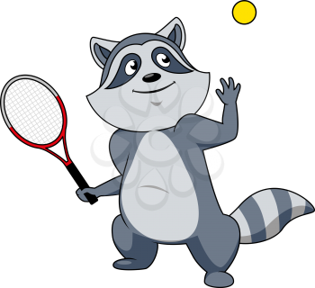 Funny cartoon raccoon tennis player character with racket and tennis ball, for sport mascot design 