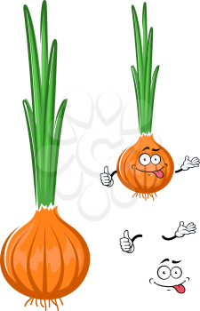 Healthful cartoon green onion vegetable character with fresh pungent leaves and golden bulb, for harvest or healthy organic food theme