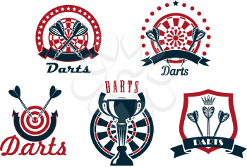 Darts game icons or symbols showing arrows with dartboards and medieval shield on background, decorated by ribbon banners, trophy cup, stars and crown