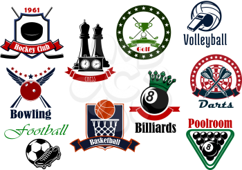 Sport icons with football and soccer, ice hockey and basketball, volleyball and golf, billiards, darts, chess and bowling game items