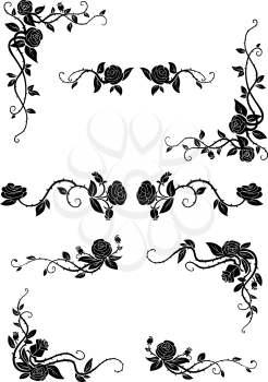 Vintage floral borders with blooming rose vines, adorned by lush flowers and dainty buds. Retro style dividers and corners