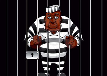 Sad african american cartoon prisoner in striped uniform stands behind bars in cell of the prison, for justice theme design