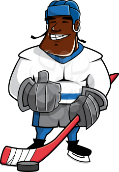 Smiling african american ice hockey player cartoon character with hockey stick and puck, giving thumb up sign. For sports theme design