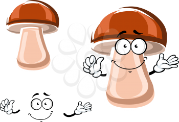Fresh brown porcini mushroom cartoon character with fleshy broad cap and funny smiling face, isolated on white