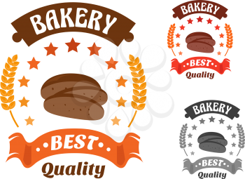 Bakery shop symbol with sliced loaf of rye bread, encircled by stars, wheat ears and ribbon banner with text Best Quality. Orange, red and gray color variations