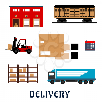 Delivery service flat icons with warehouse building, freight wagon, cargo truck, forklift truck, storage rack, calendar and hands with parcel cardboard box