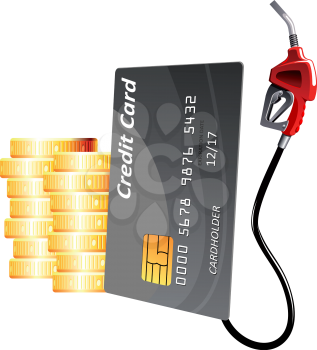 Bank credit card with red gasoline pump nozzle and stacks of gold coins, for oil industry or financial concept design