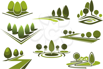 Green parks and gardens landscape icons with grass lawns, walking alleys and trimmed trees and bushes. Isolated on white