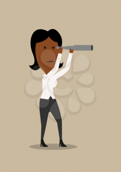 Serious african american businesswoman looking into the future with spyglass, for business strategy or attraction of investments concept design. Cartoon style