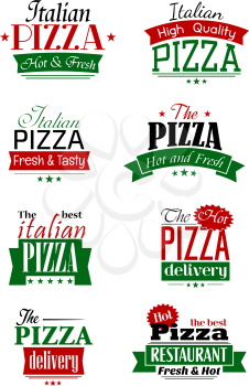 Italian pizza labels and signs with colorful headers as Delivery, High Quality, Hot and Fresh, The Best, supplemented by stars and ribbon banners