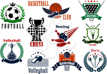 Sport game emblems and icons of football and soccer, basketball and darts, golf and volleyball, bowling, billiards and chess symbols. Adorned by sport items, trophies and heraldic elements