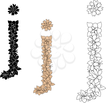 Lowercase letter j in decorative floral font with flowers and tendrils. Colorless, brown and black color variations 