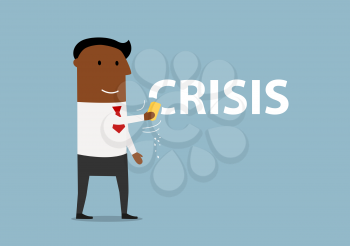 Smiling african american businessman erasing the word Crisis with sponge in hand, for crisis solution or management themes design
