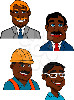 Cartoon smiling african american builder, doctor in glasses and businessmen characters. For profession theme design