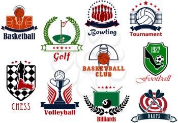 Individual and team sport games icons set with football or soccer, basketball, bowling, billiards, volleyball, darts, chess, golf items, heraldic shields, wreaths, ribbon banners and stars