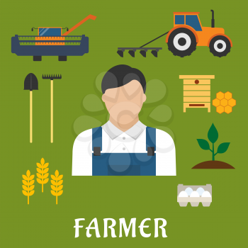 Farmer profession and agriculture flat icons of shovel, rake, combine, tractor with plough, beehive with honeycomb, eggs, ripe wheat ears, green plant and man in overalls